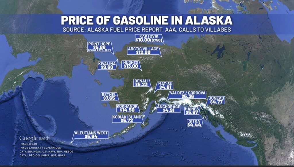 $24.49 for a gallon of gas. $6.69 a gallon for diesel. Alaska fuel prices as big as the state